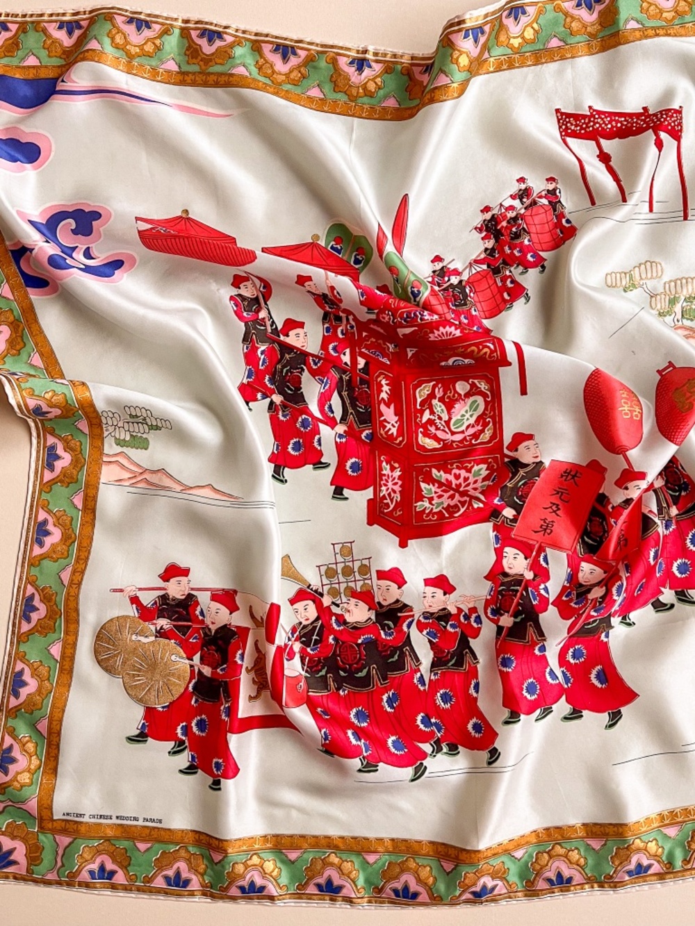 Vintage 1950s Ancient Chinese Wedding Parade Silk Scarf